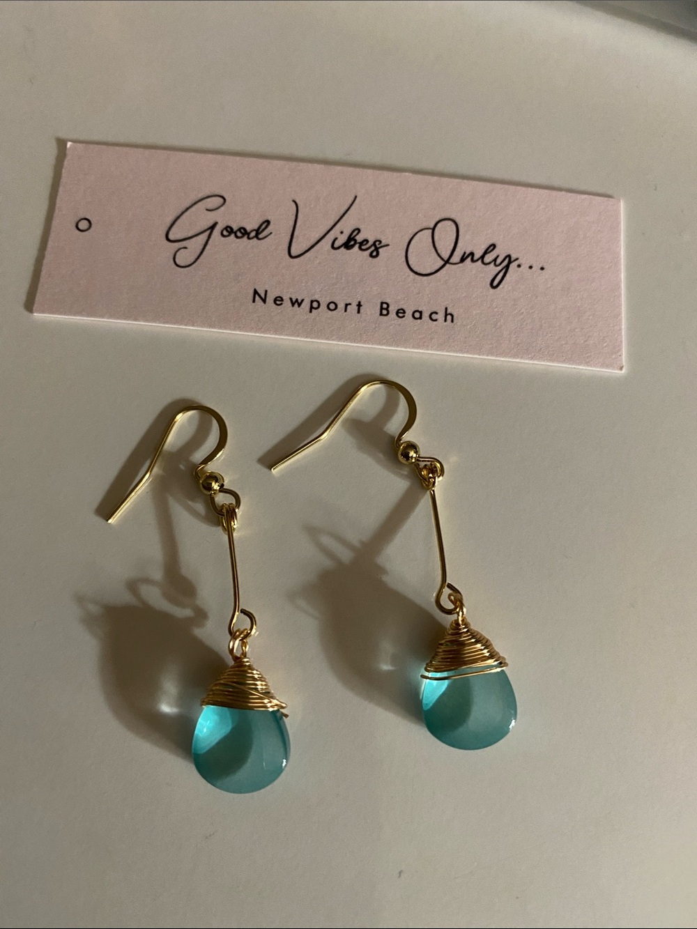 Good Vibes Only Gold & Aqua Teardrop Dangle Earrings